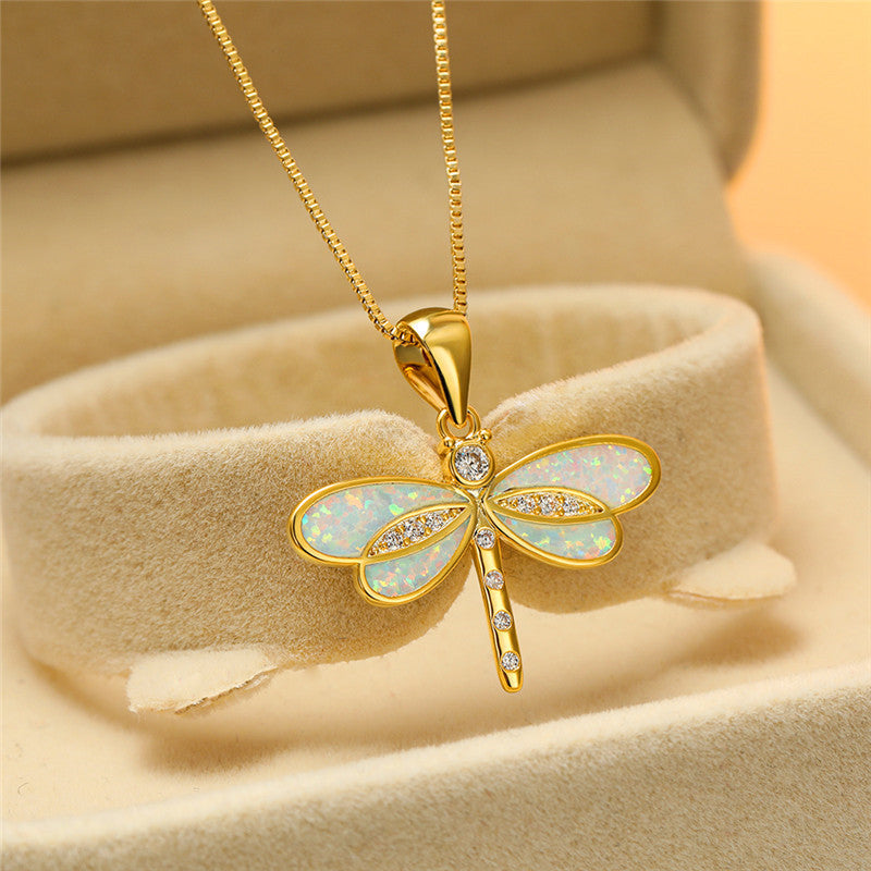 Enchanting Gold Dragonfly Necklace with Radiant Opal - Isolde Series