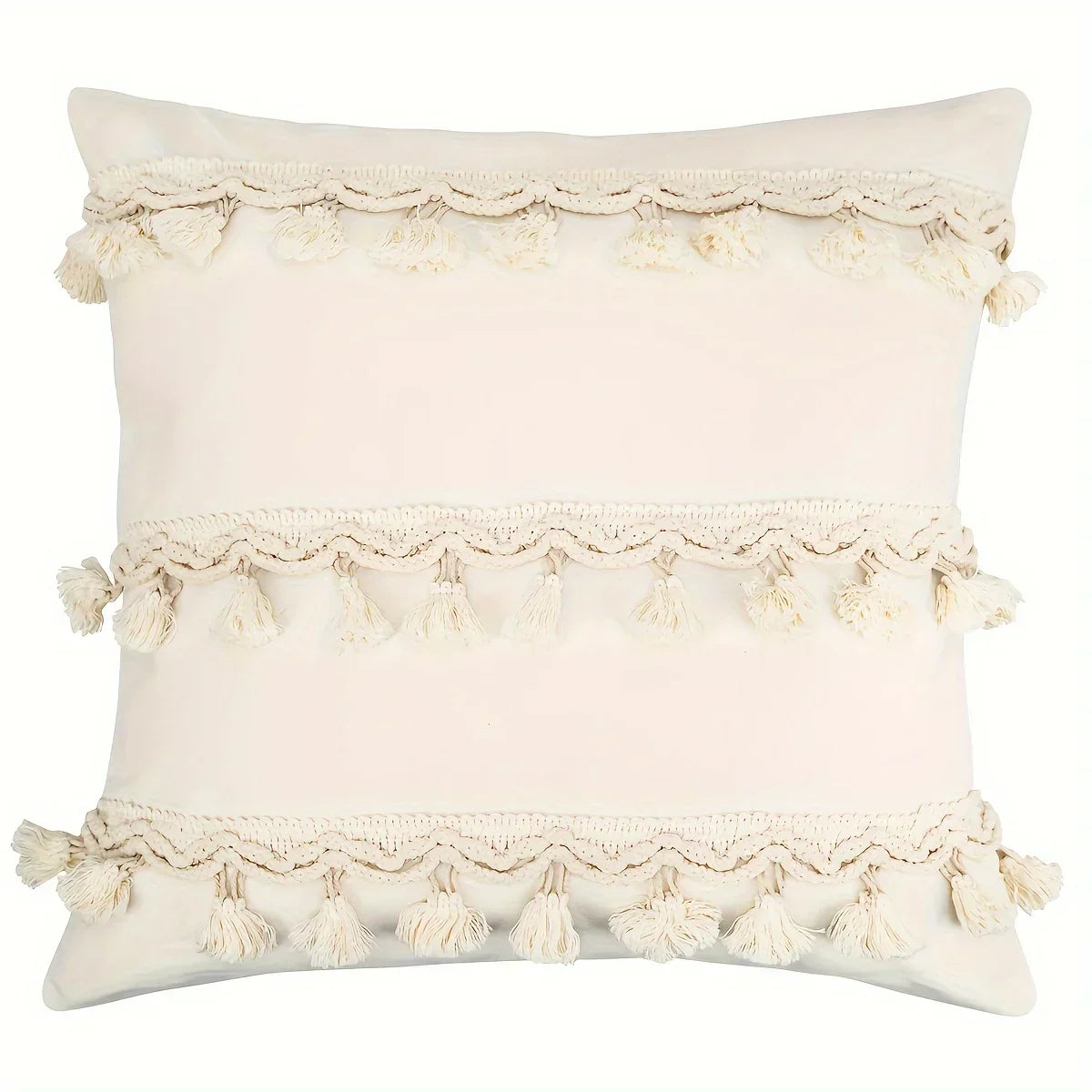Bohemian Pillow Cover - Geometric Pillow Cover in Beige with Fringes