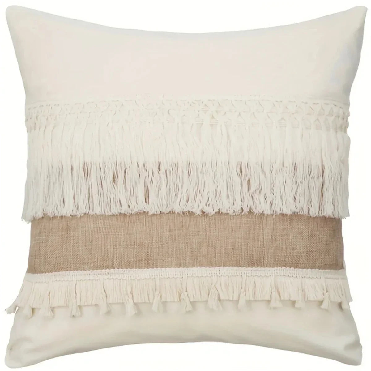 Bohemian Pillow Cover - Geometric Pillow Cover in Beige with Fringes