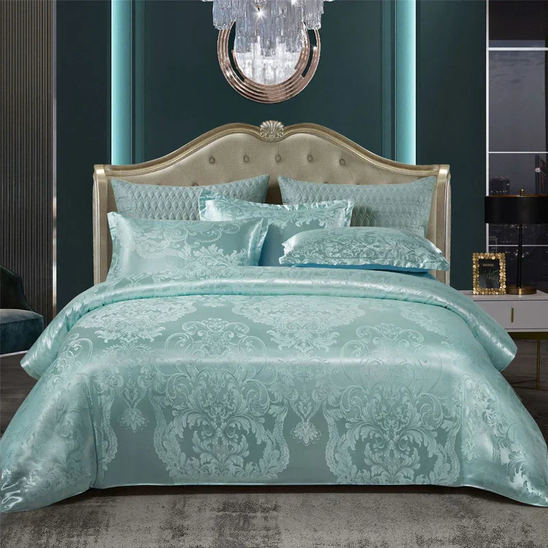 Luxury Satin Rayon Jacquard Duvet Cover in Gold & Blue