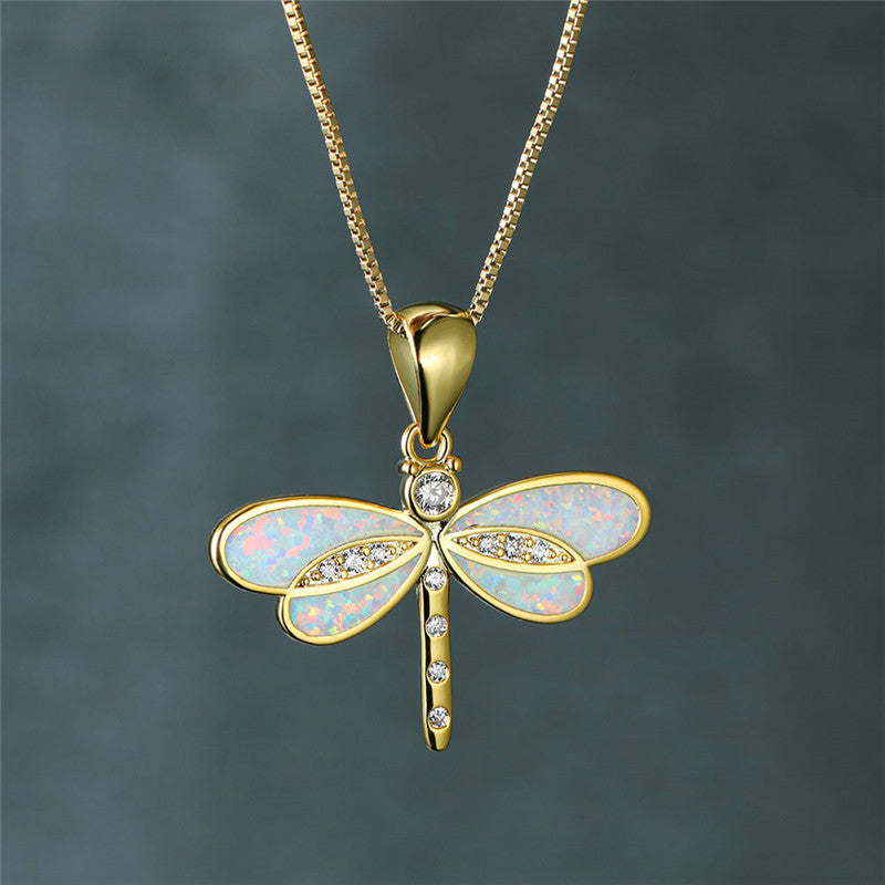 Enchanting Gold Dragonfly Necklace with Radiant Opal - Isolde Series