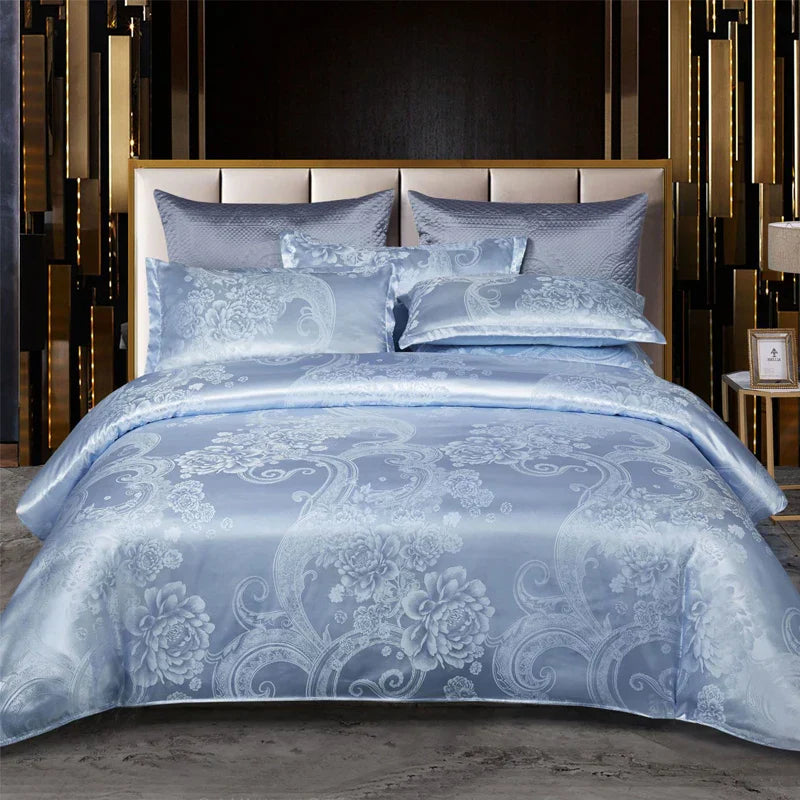 Luxury Satin Rayon Jacquard Duvet Cover in Gold & Blue