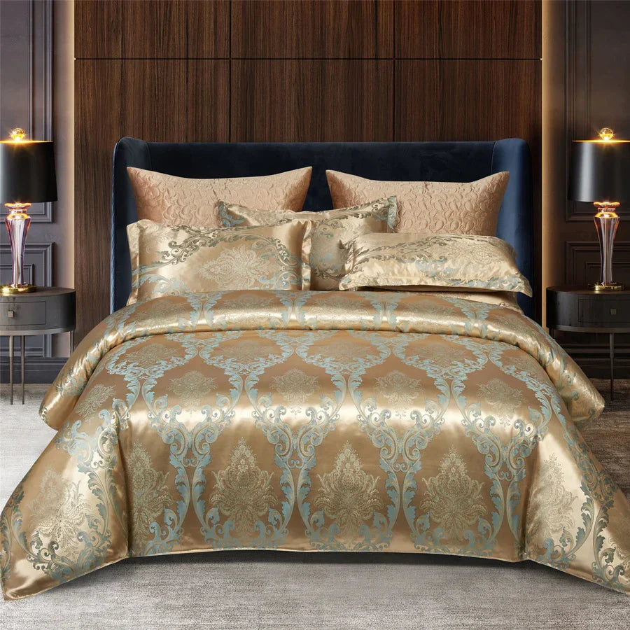 Luxury Satin Rayon Jacquard Duvet Cover in Gold & Blue
