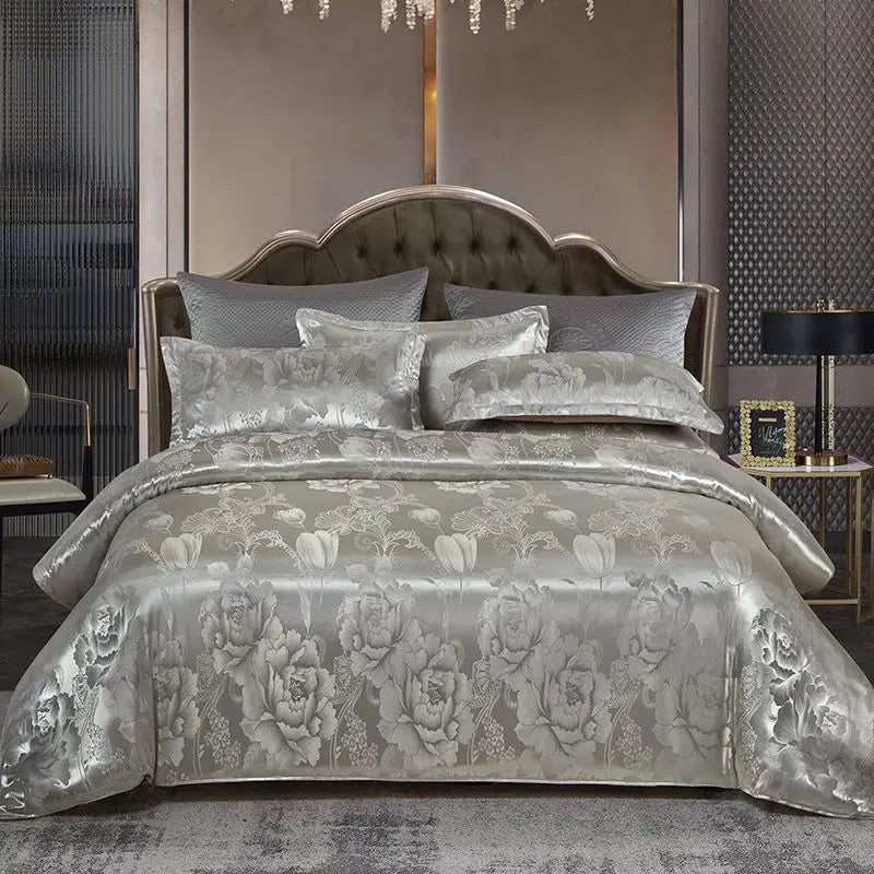 Luxury Satin Rayon Jacquard Duvet Cover in Gold & Blue
