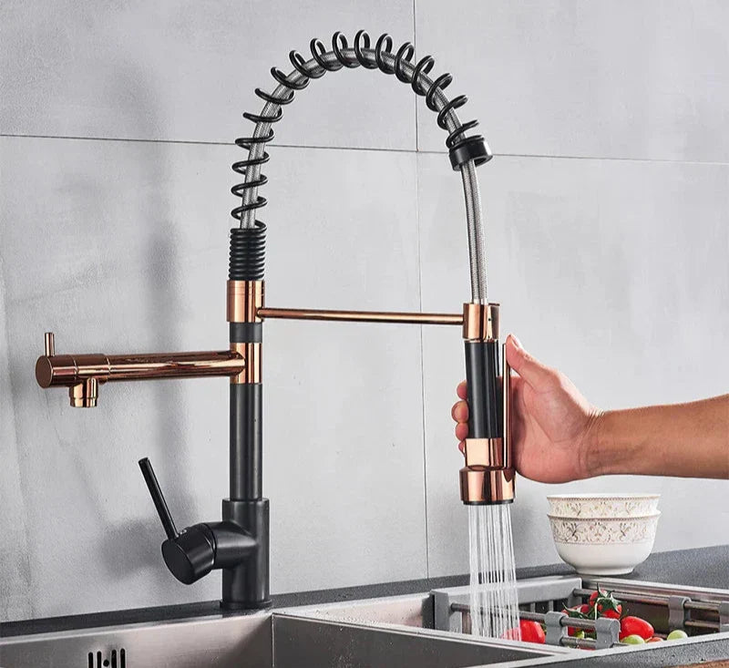 StreamFlex - Luxury Pull-Out Kitchen Mixer Tap in Black and Rose Gold