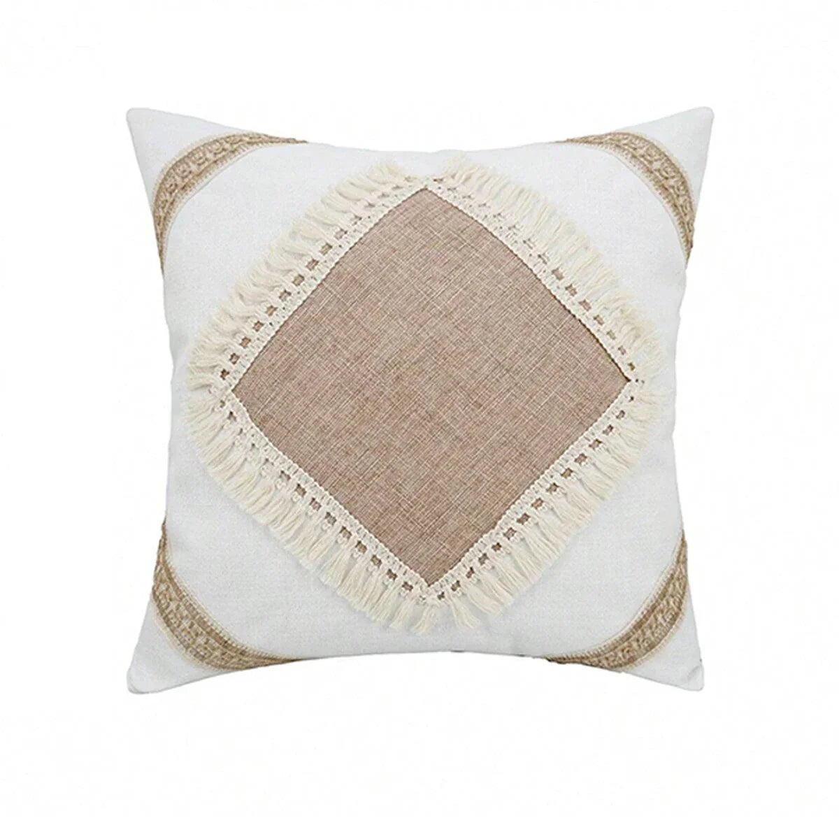 Bohemian Pillow Cover - Geometric Pillow Cover in Beige with Fringes