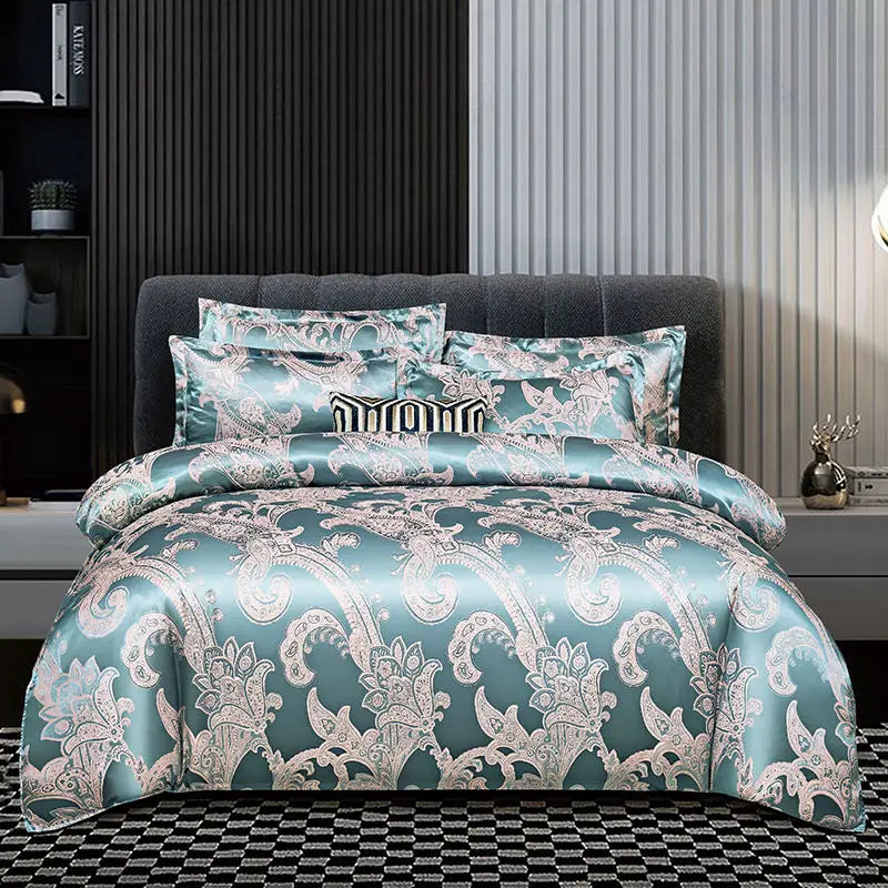 Luxury Satin Rayon Jacquard Duvet Cover in Gold & Blue