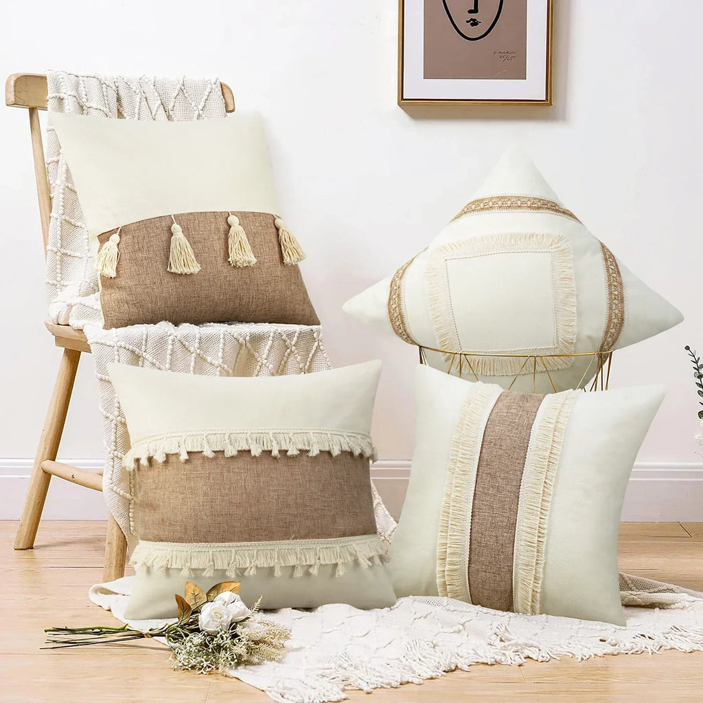 Bohemian Kussenhoes - Geometrisch Kussenhoes in Beige met Franjes
