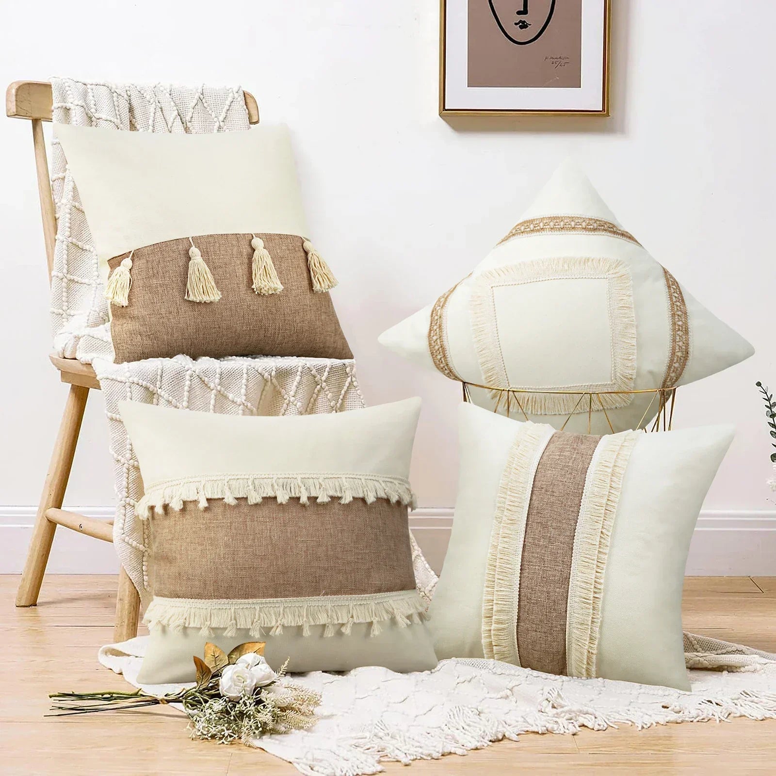 Bohemian Kussenhoes - Geometrisch Kussenhoes in Beige met Franjes