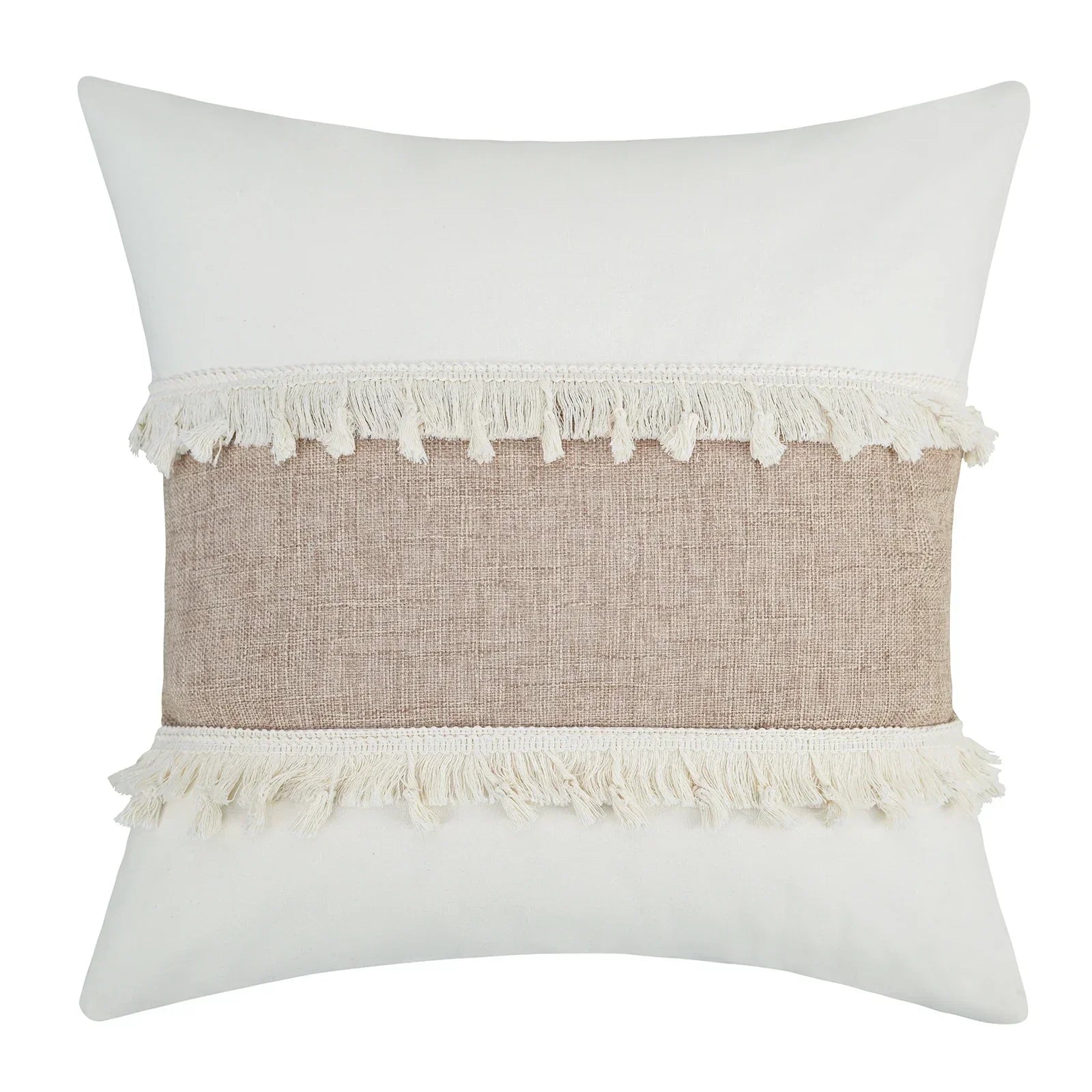 Bohemian Pillow Cover - Geometric Pillow Cover in Beige with Fringes