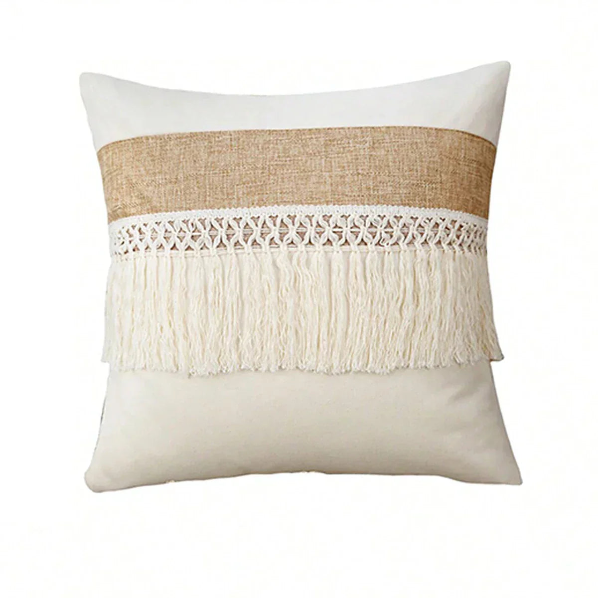 Bohemian Pillow Cover - Geometric Pillow Cover in Beige with Fringes