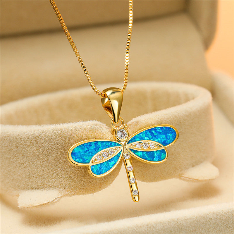 Enchanting Gold Dragonfly Necklace with Radiant Opal - Isolde Series