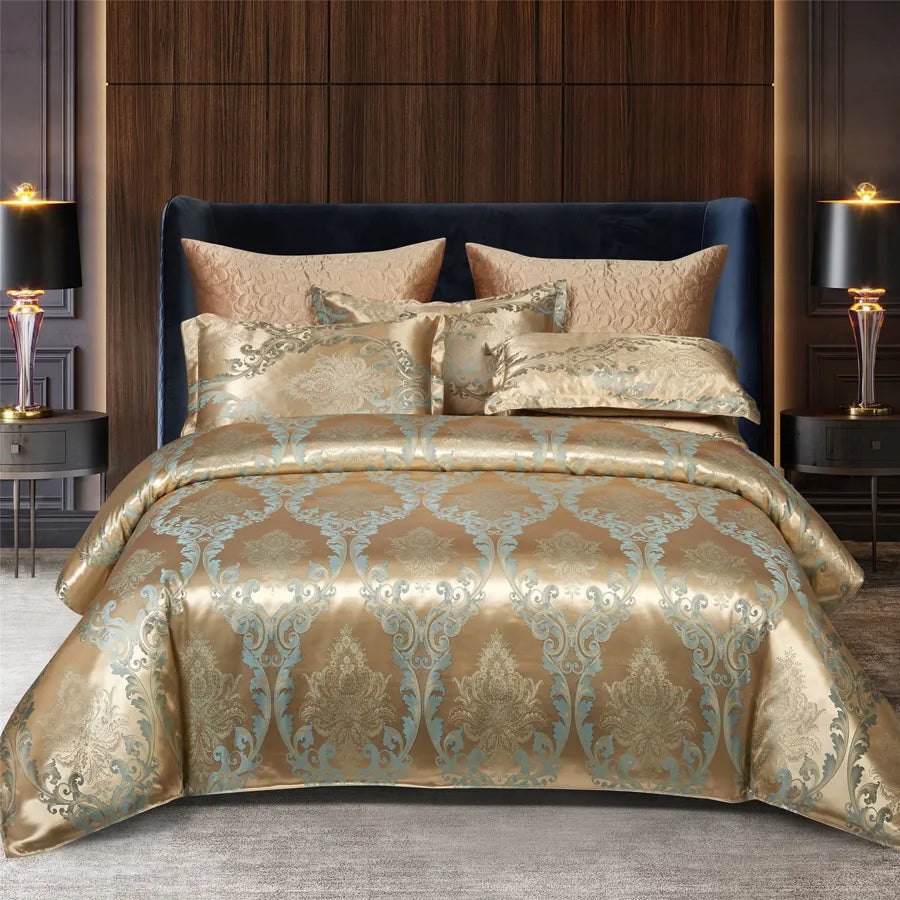 Luxury Satin Rayon Jacquard Duvet Cover in Gold & Blue