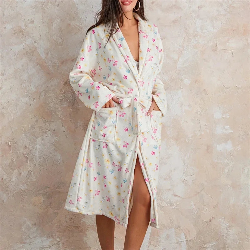 BlossomWrap Bathrobe - Luxury Flannel Bathrobe with Floral Motif