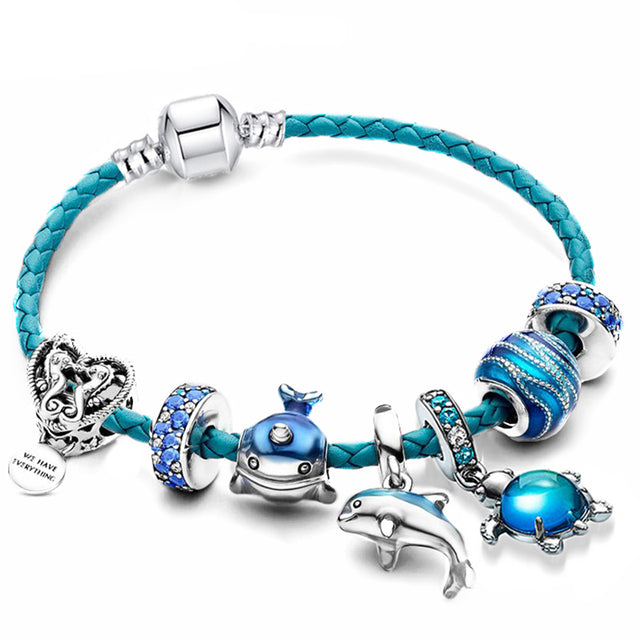 Silver and Leather Bracelet with Charms - Ocean Breeze Style by Julia