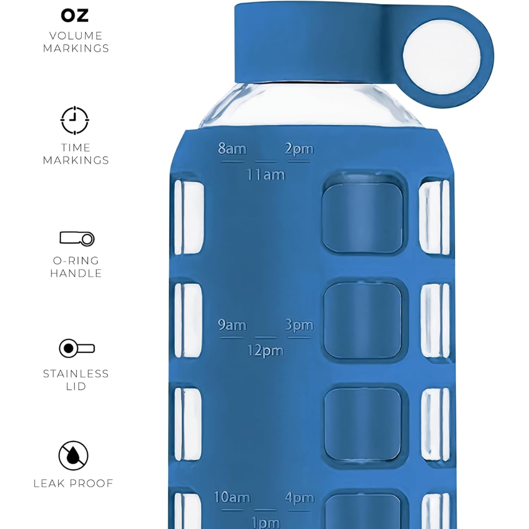 HydraFlow - Glass Water Bottle with Time Marker and Protective Sleeve