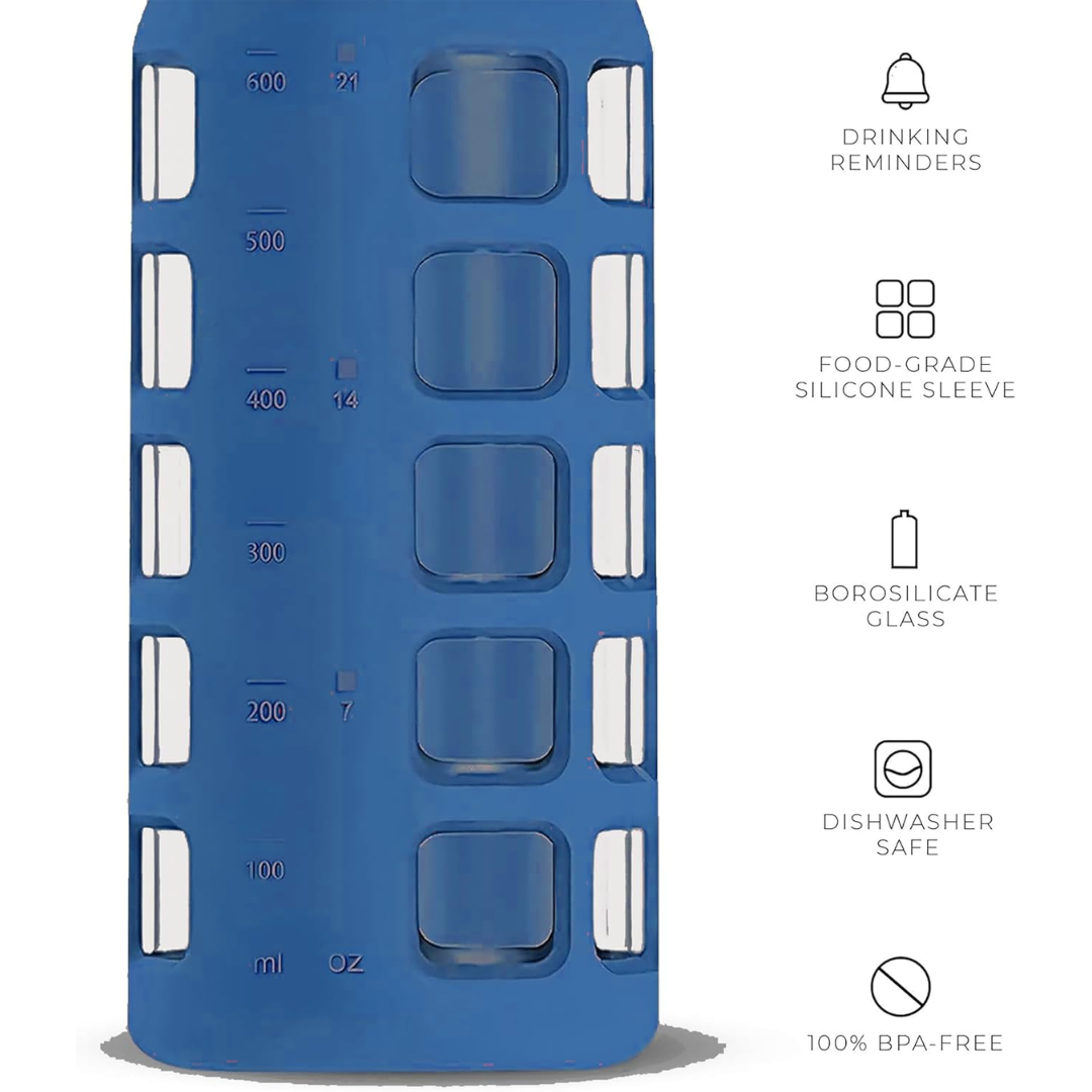 HydraFlow - Glass Water Bottle with Time Marker and Protective Sleeve