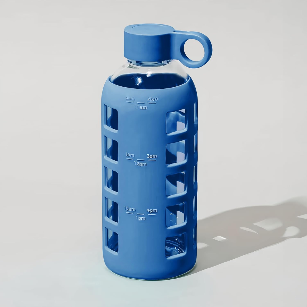 HydraFlow - Glass Water Bottle with Time Marker and Protective Sleeve