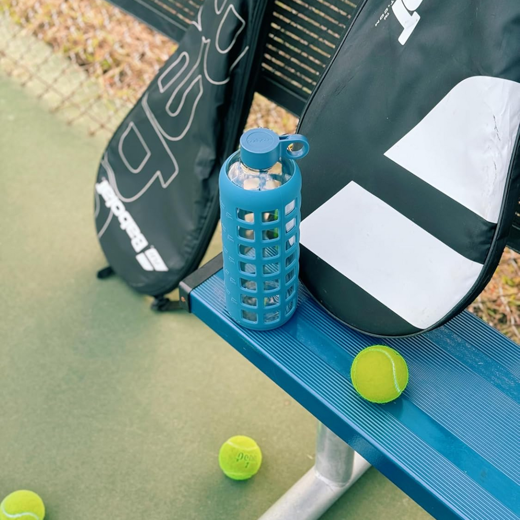 HydraFlow - Glass Water Bottle with Time Marker and Protective Sleeve