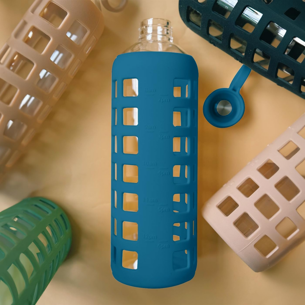 HydraFlow - Glass Water Bottle with Time Marker and Protective Sleeve
