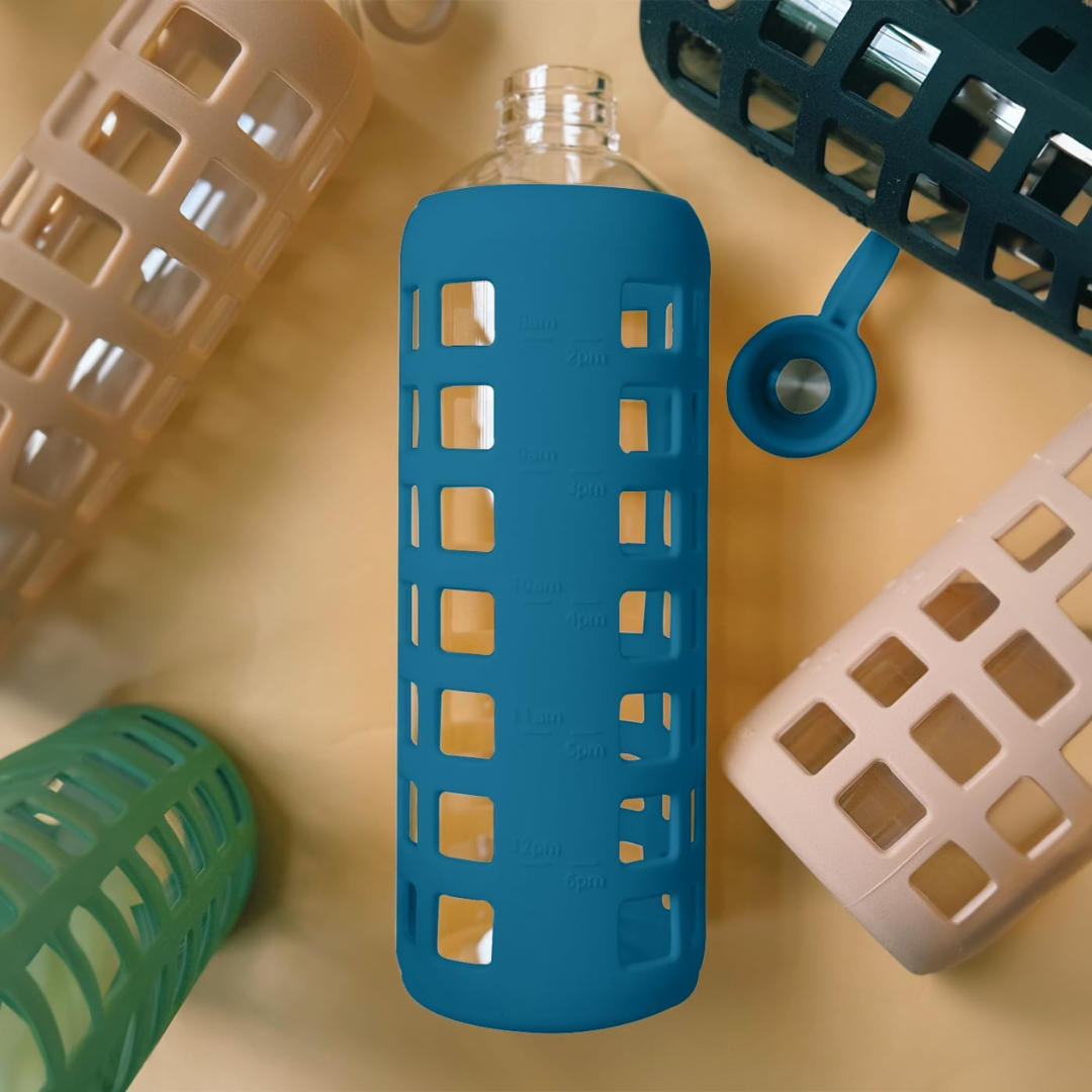 HydraFlow - Glass Water Bottle with Time Marker and Protective Sleeve