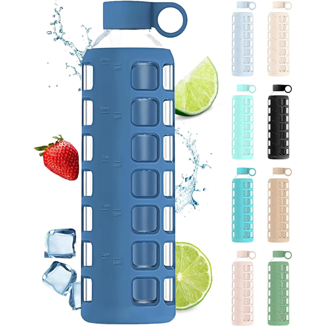 HydraFlow - Glass Water Bottle with Time Marker and Protective Sleeve