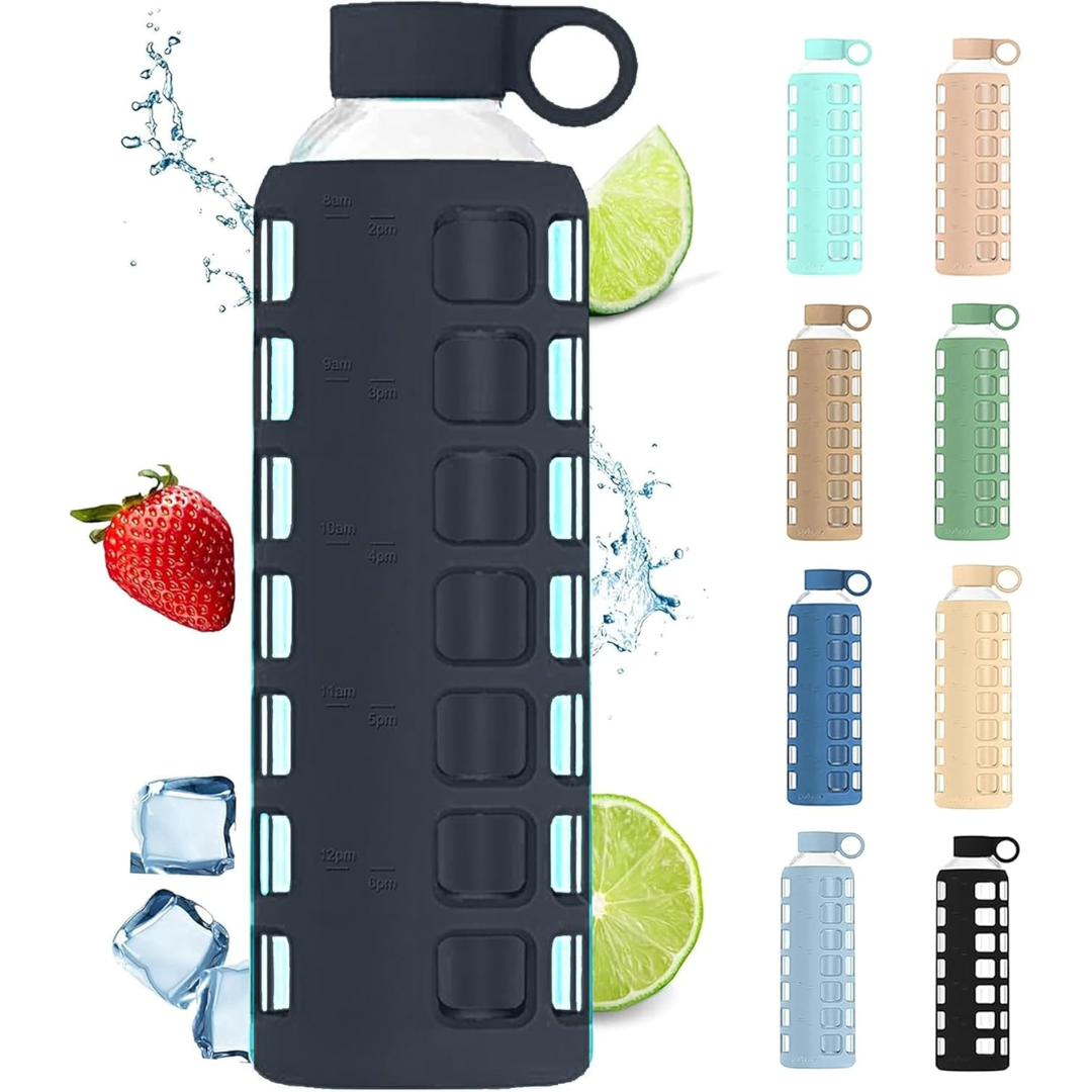 HydraFlow - Glass Water Bottle with Time Marker and Protective Sleeve