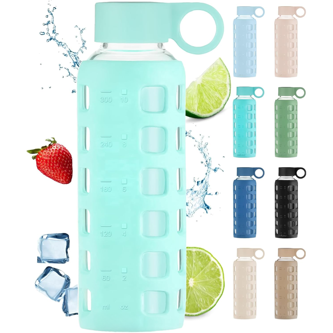 HydraFlow - Glass Water Bottle with Time Marker and Protective Sleeve