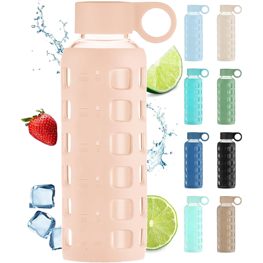 HydraFlow - Glass Water Bottle with Time Marker and Protective Sleeve