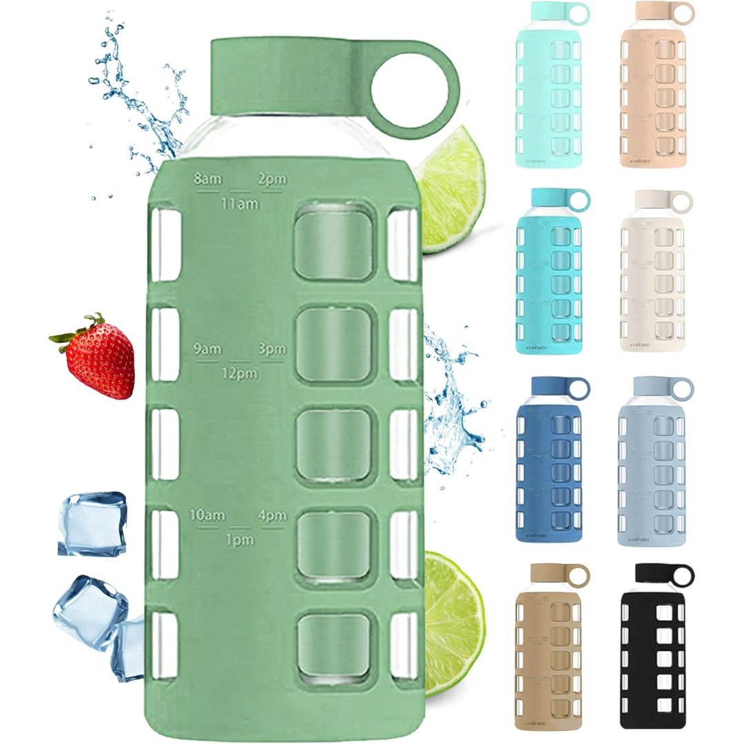 HydraFlow - Glass Water Bottle with Time Marker and Protective Sleeve