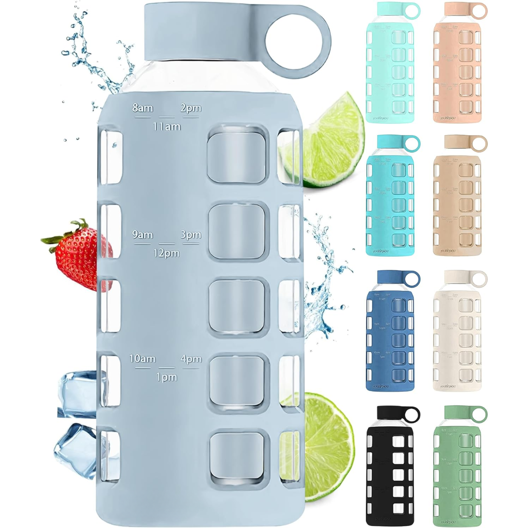 HydraFlow - Glass Water Bottle with Time Marker and Protective Sleeve