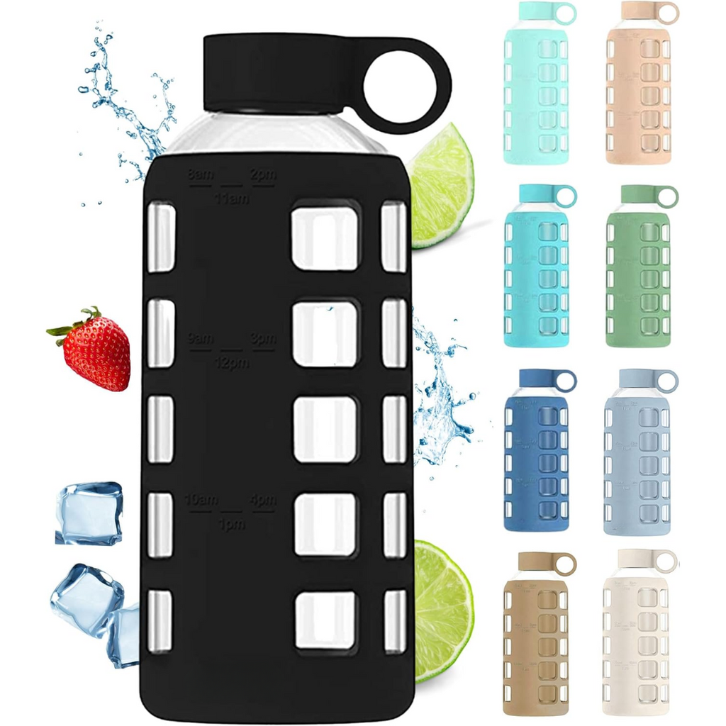 HydraFlow - Glass Water Bottle with Time Marker and Protective Sleeve