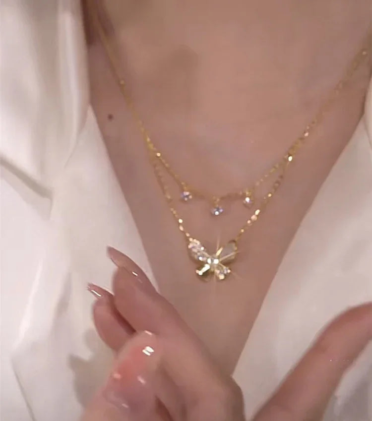 Very Elegant Double-Layered Butterfly Necklace with Zirconia and Mother of Pearl - Elayna
