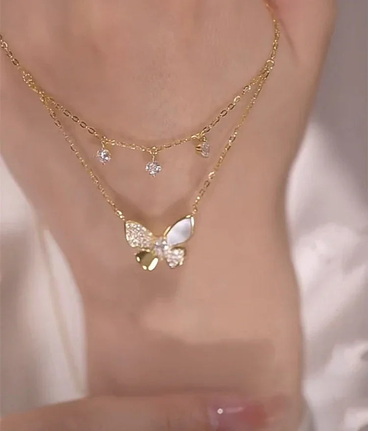 Very Elegant Double-Layered Butterfly Necklace with Zirconia and Mother of Pearl - Elayna