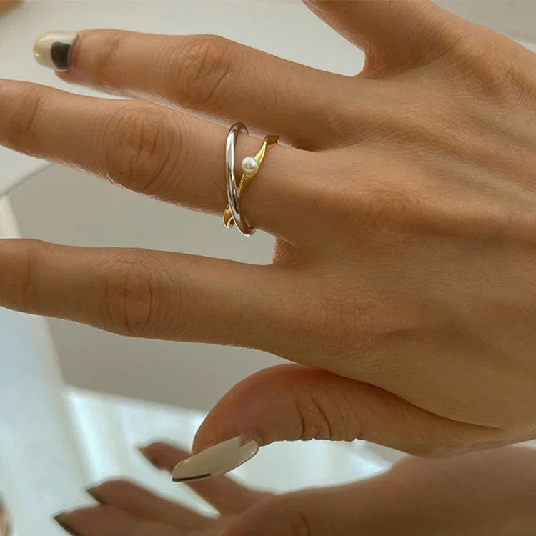 Elegant Sterling Silver Crossover Ring with Beautiful Pearl - Alina Collection
