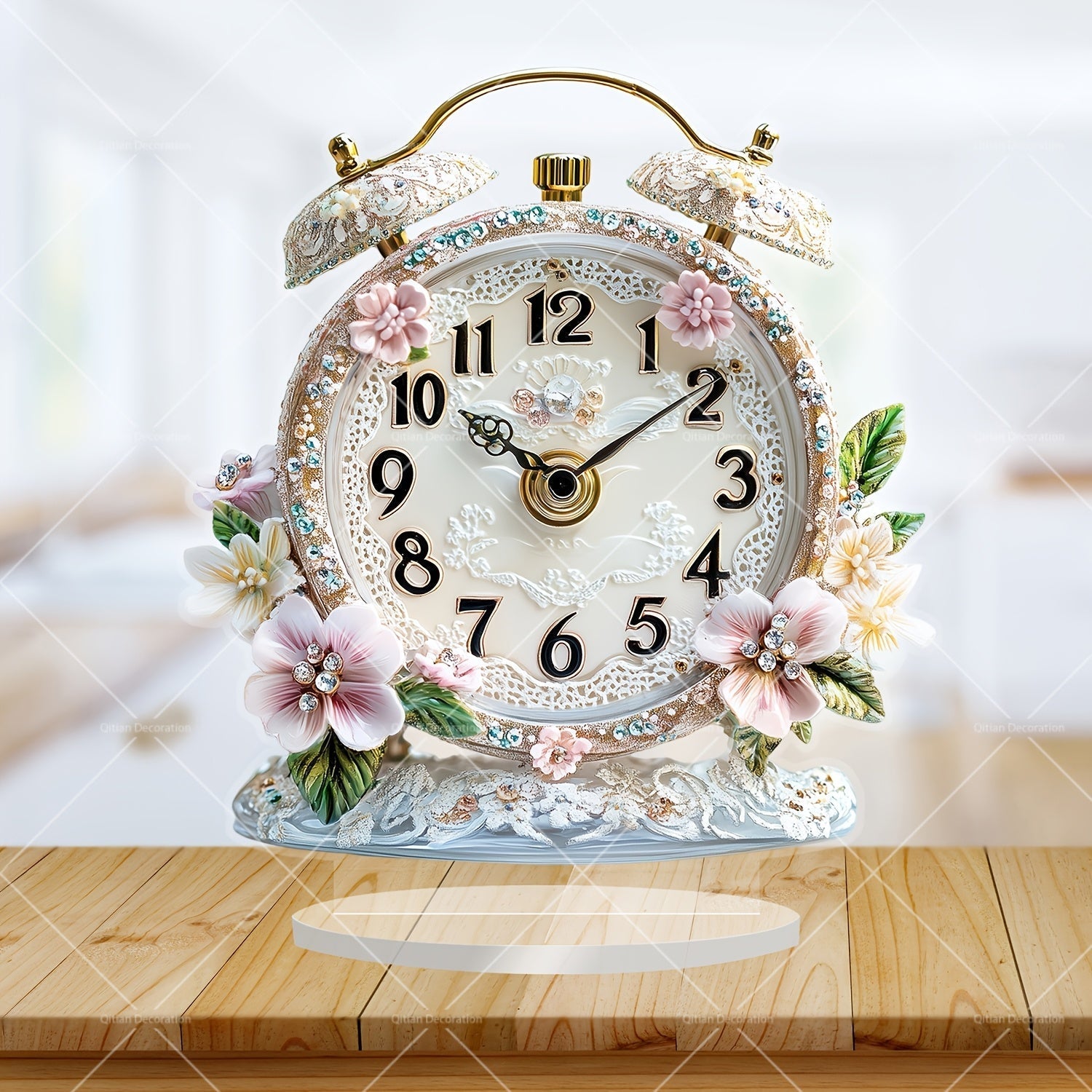 GlamTime Clock - Luxury Acrylic Floral Alarm Clock with Gemstones