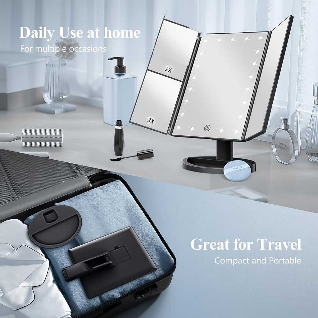 FlawlessGlow - Tri-Fold Makeup Mirror with LED Lighting
