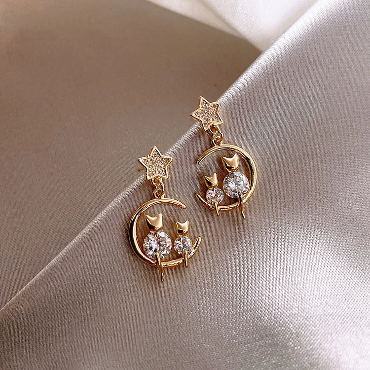 Elegant Gold Cat Ear Earrings with Sparkling Zirconia - Feline Glamour