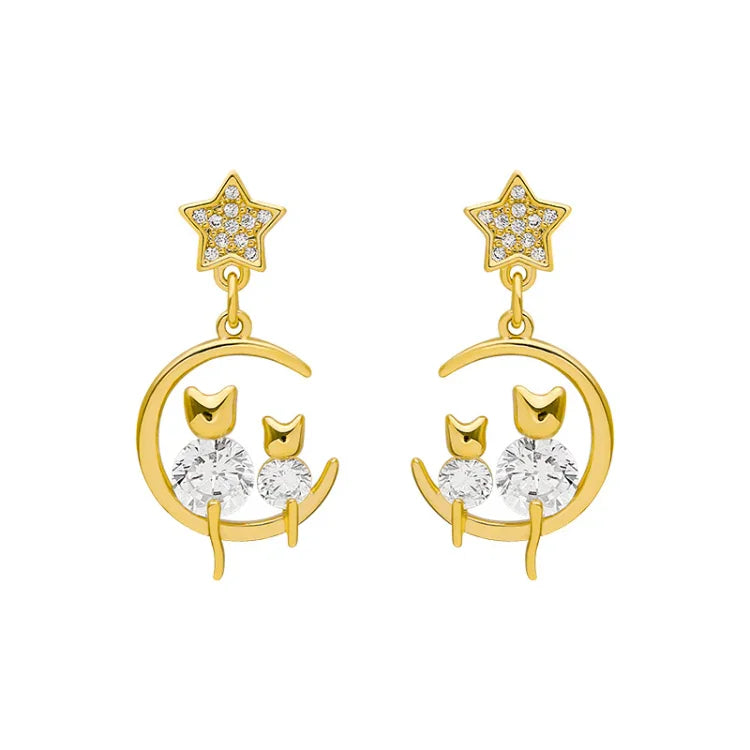 Elegant Gold Cat Ear Earrings with Sparkling Zirconia - Feline Glamour