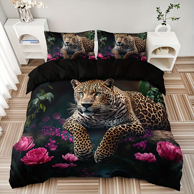 Luxurious Animal Print Bed Set with Rose Motif - 3-Piece
