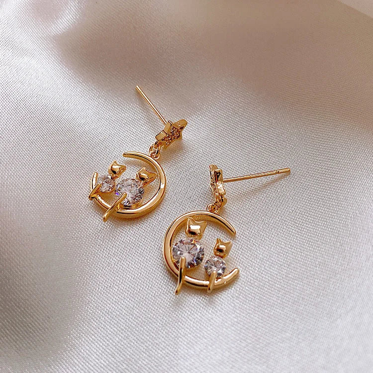 Elegant Gold Cat Ear Earrings with Sparkling Zirconia - Feline Glamour