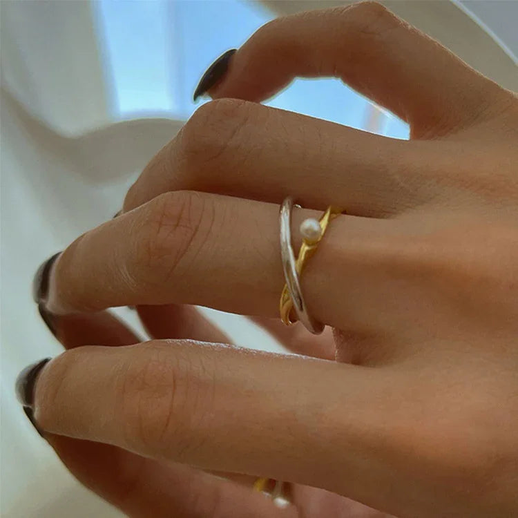 Elegant Sterling Silver Crossover Ring with Beautiful Pearl - Alina Collection