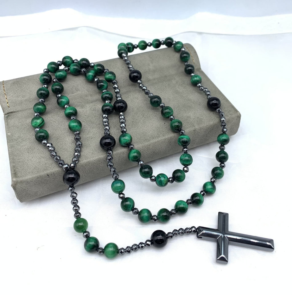 Stylish Men's Tiger Eye and Lapis Lazuli Cross Rosary Necklace - Orion Collection