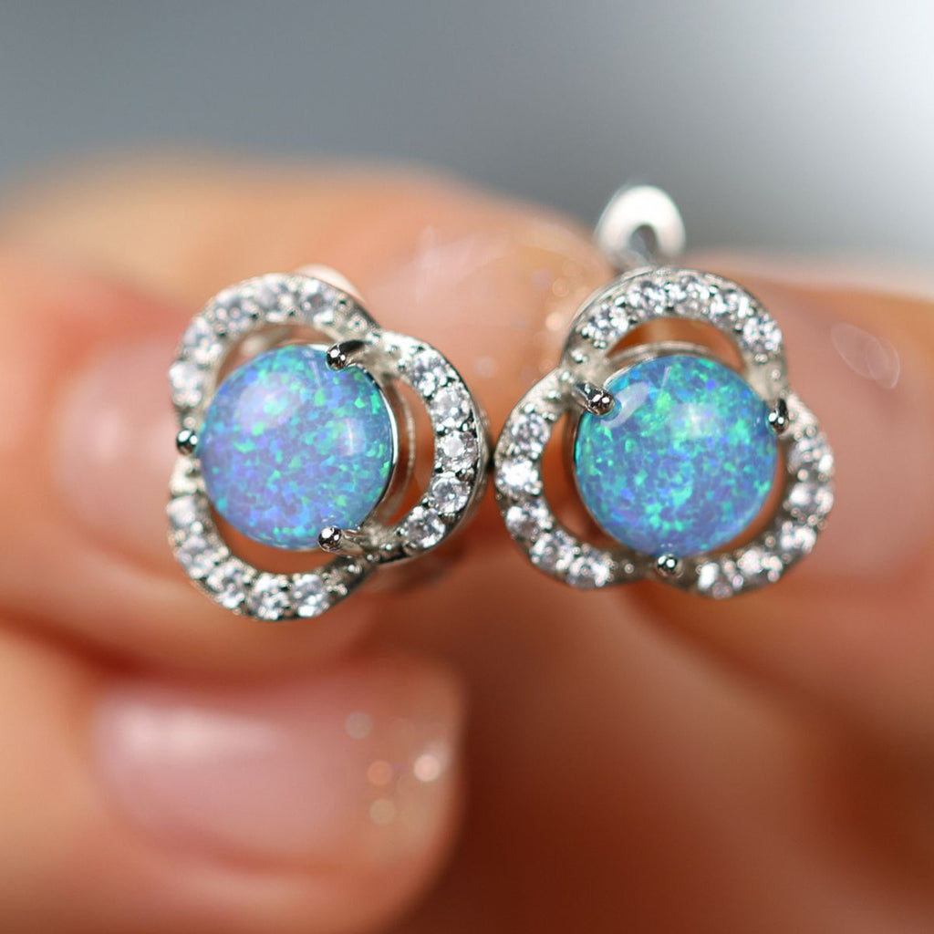 Elegant White Opal & Cubic Zirconia Clover Leaf Earrings - Elara Collection