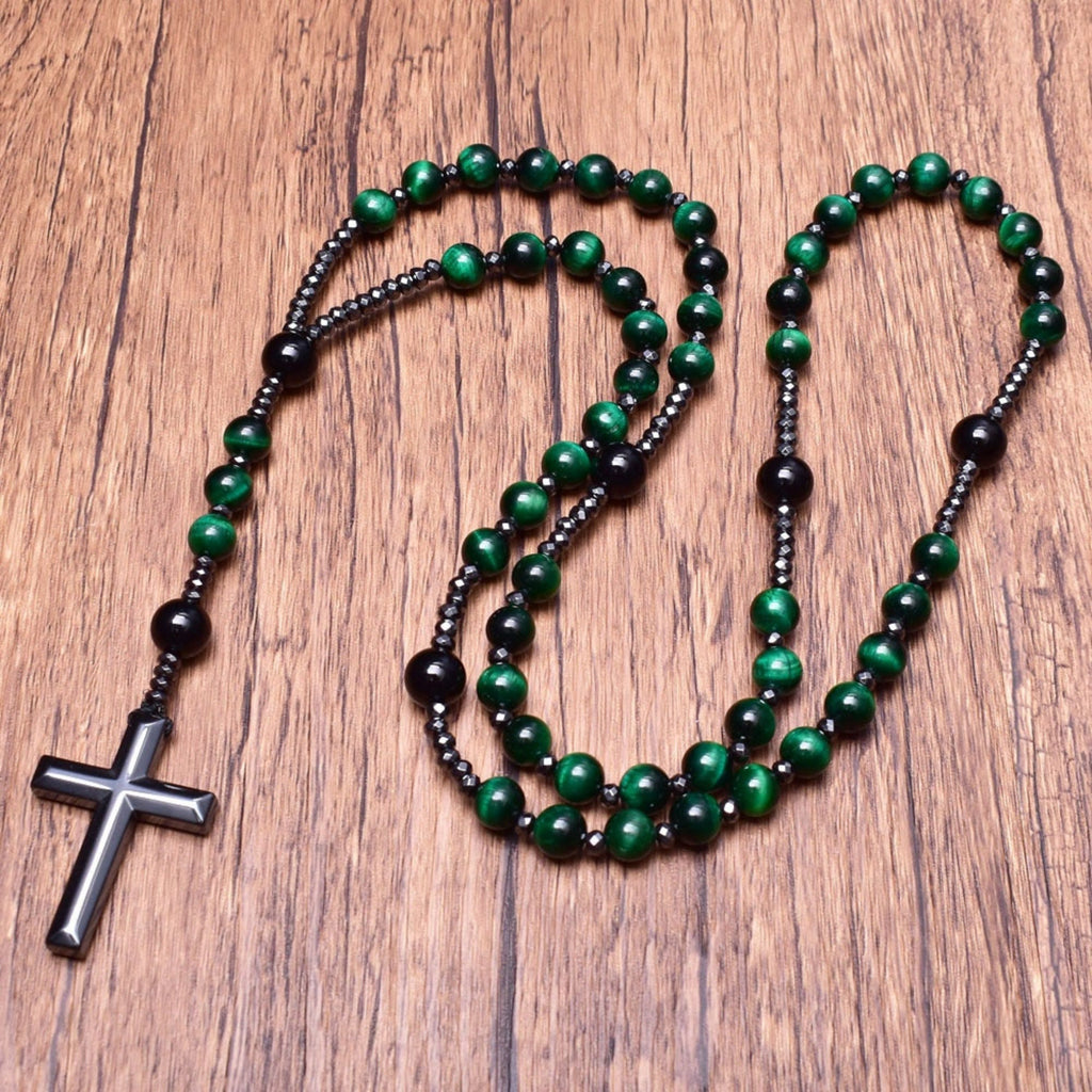 Stylish Men's Tiger Eye and Lapis Lazuli Cross Rosary Necklace - Orion Collection