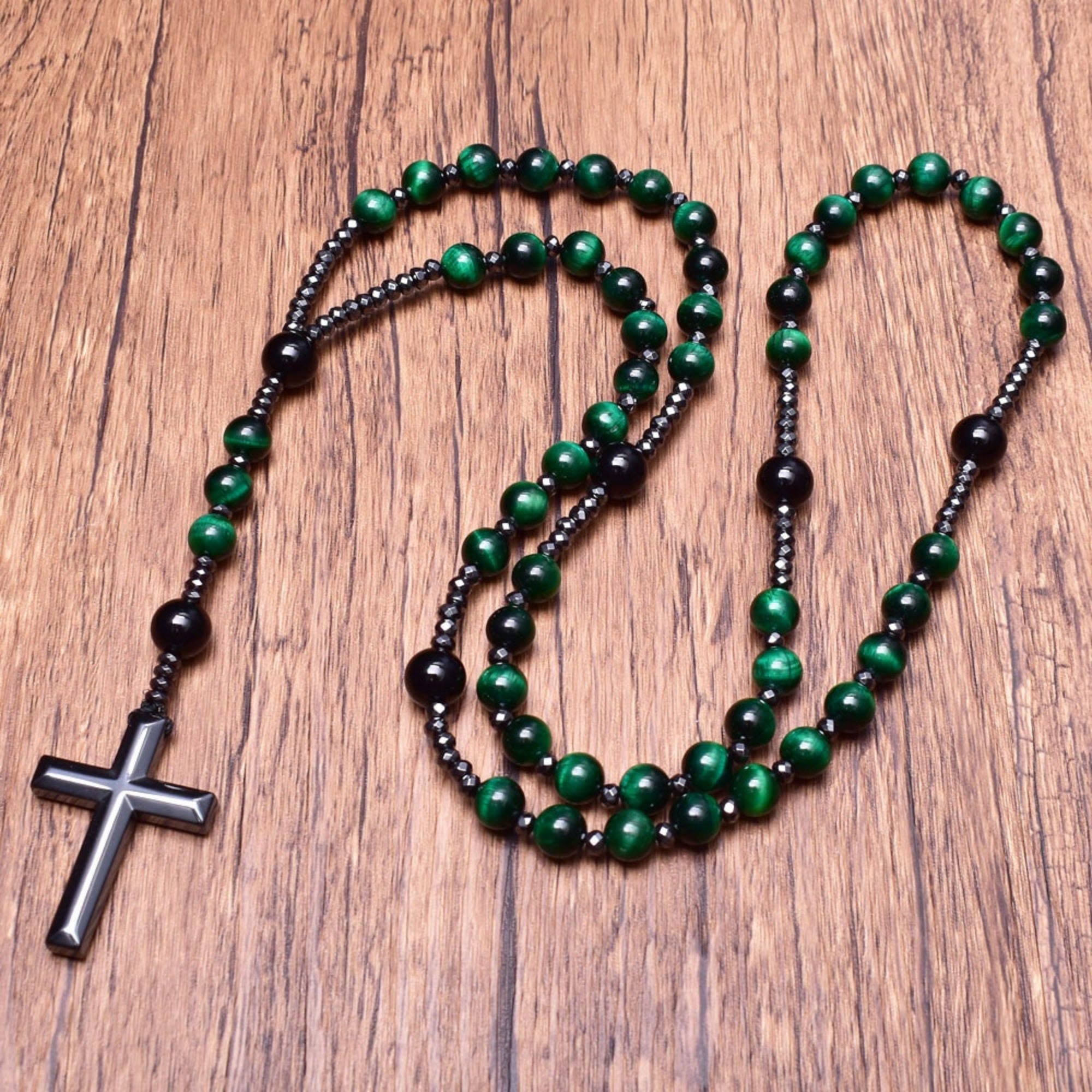 Stylish Men's Tiger Eye and Lapis Lazuli Cross Rosary Necklace - Orion Collection