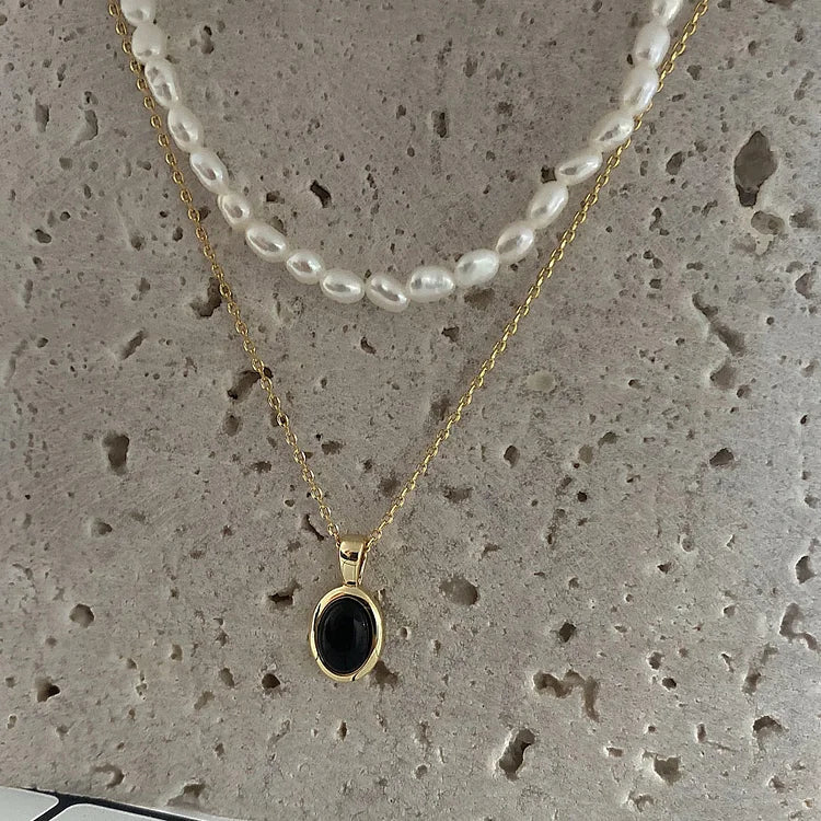 Elegant Black Onyx and Pearl Stacked Necklace - Aria Collection