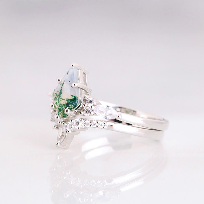 Elegant 2-piece Moss Agate Ring Set - Serenia
