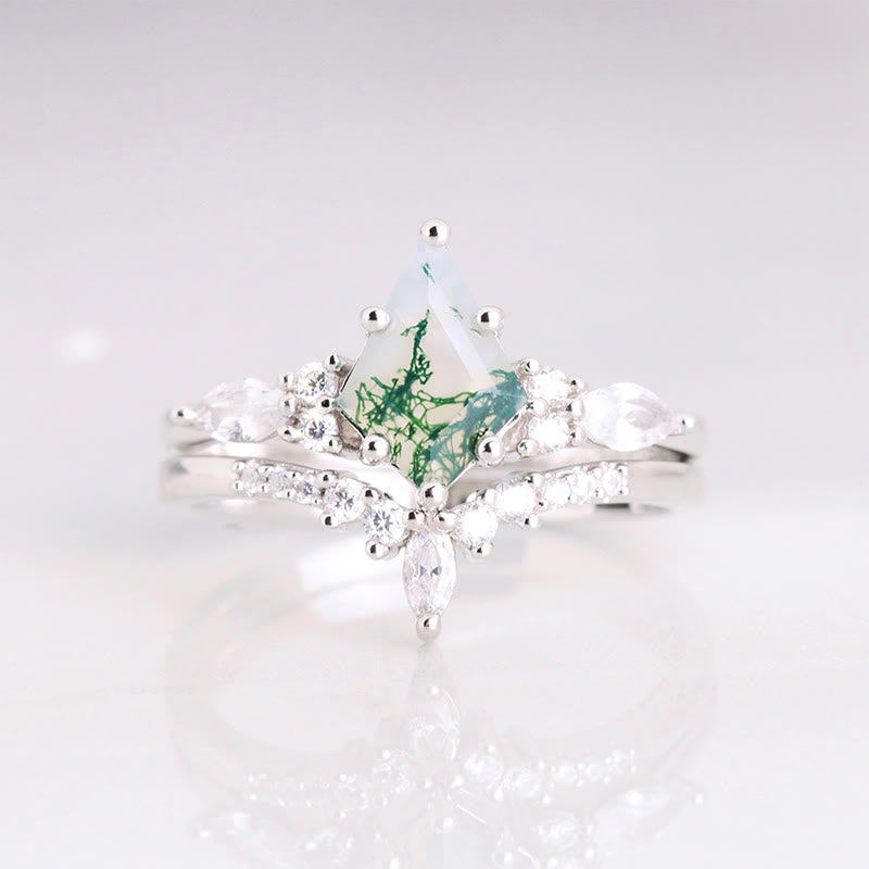 Elegant 2-piece Moss Agate Ring Set - Serenia