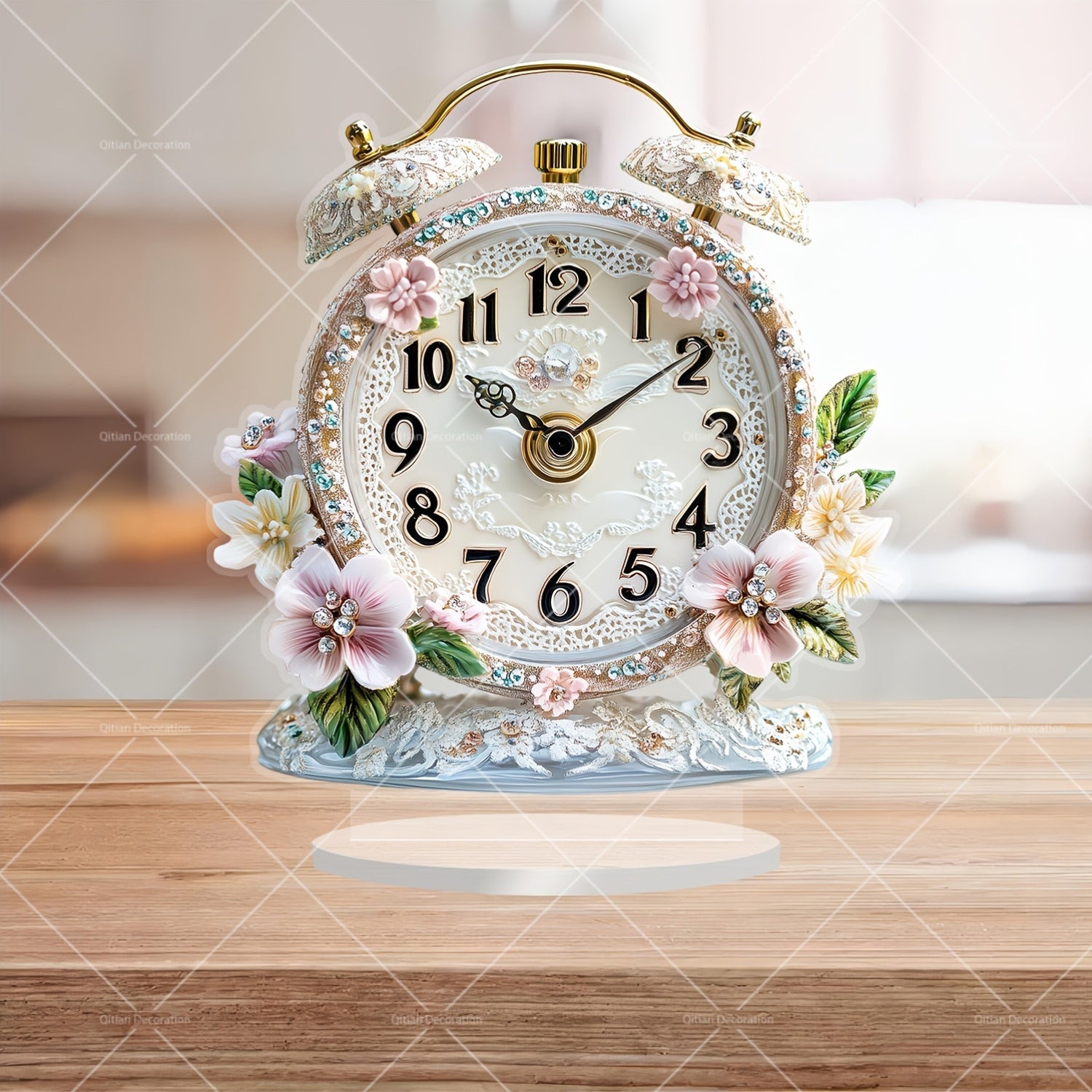 GlamTime Clock - Luxury Acrylic Floral Alarm Clock with Gemstones